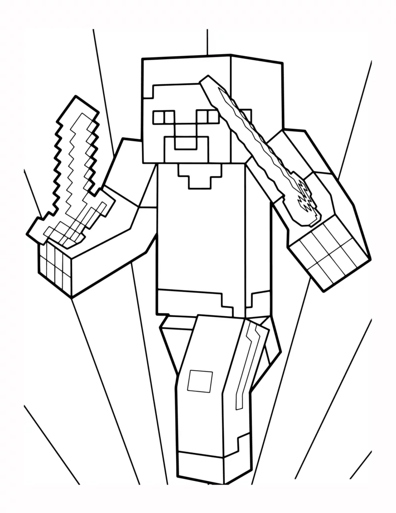 58 Kolorowanka Stevea z Minecrafta Trzymajacego Miecze