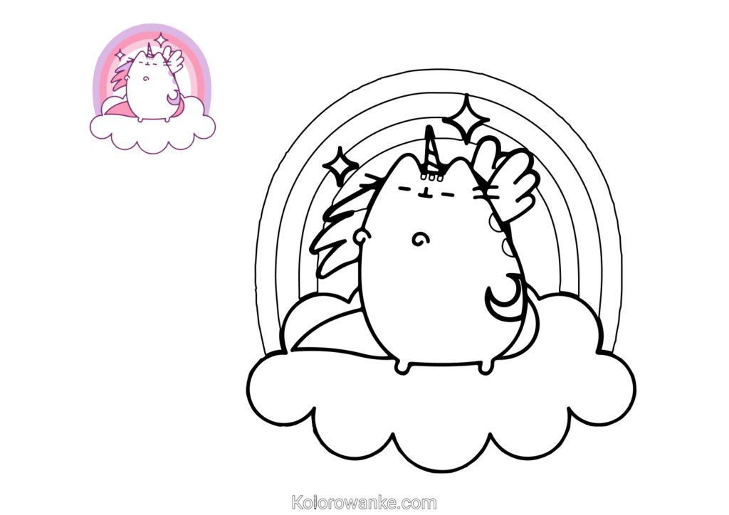 Uroczy Pusheen Jednorożec unosi się nad tęczą i chmurami, tworząc magiczną aurę kolorów i uśmiechu.