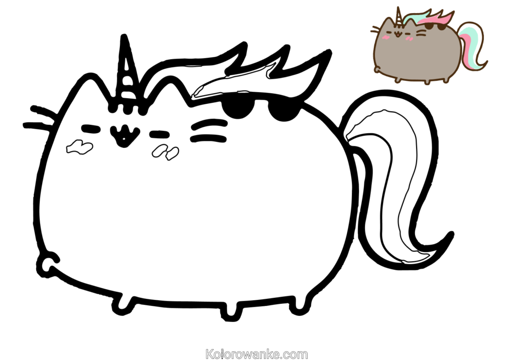 Radosny kotek Pusheen Jednorożec emanuje uśmiechem i magią, zachęcając do wyrażenia swojej kreatywności poprzez kolory.
