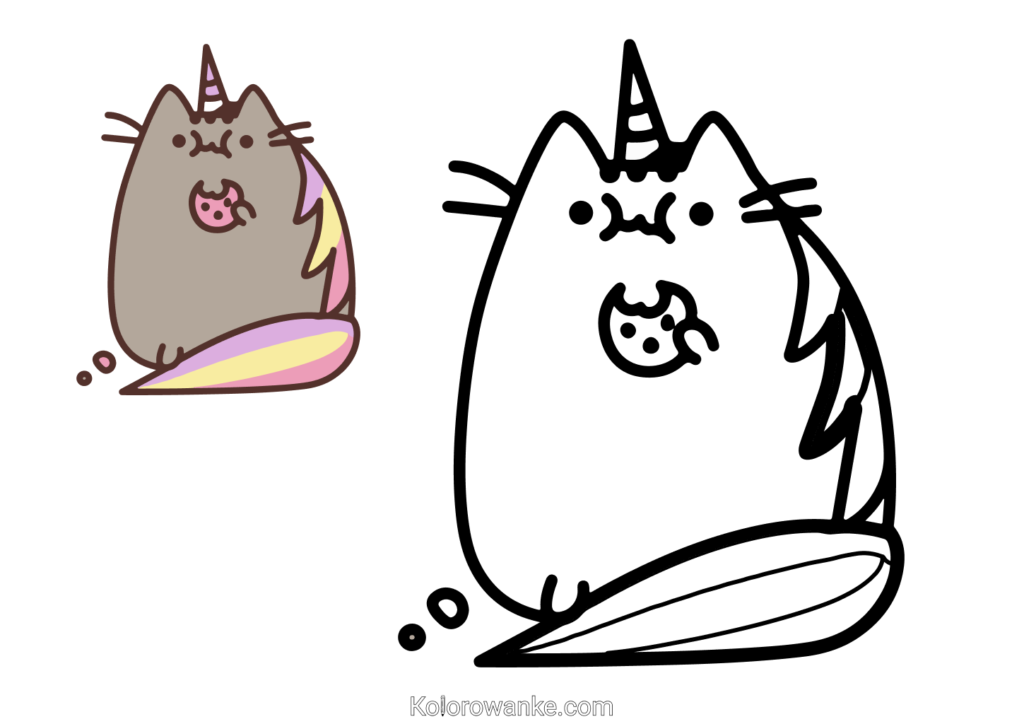 Pusheen Jednorożec bawi się wśród słodkich ciasteczek, wprowadzając dzieci w słodki świat kolorów i zabawy.