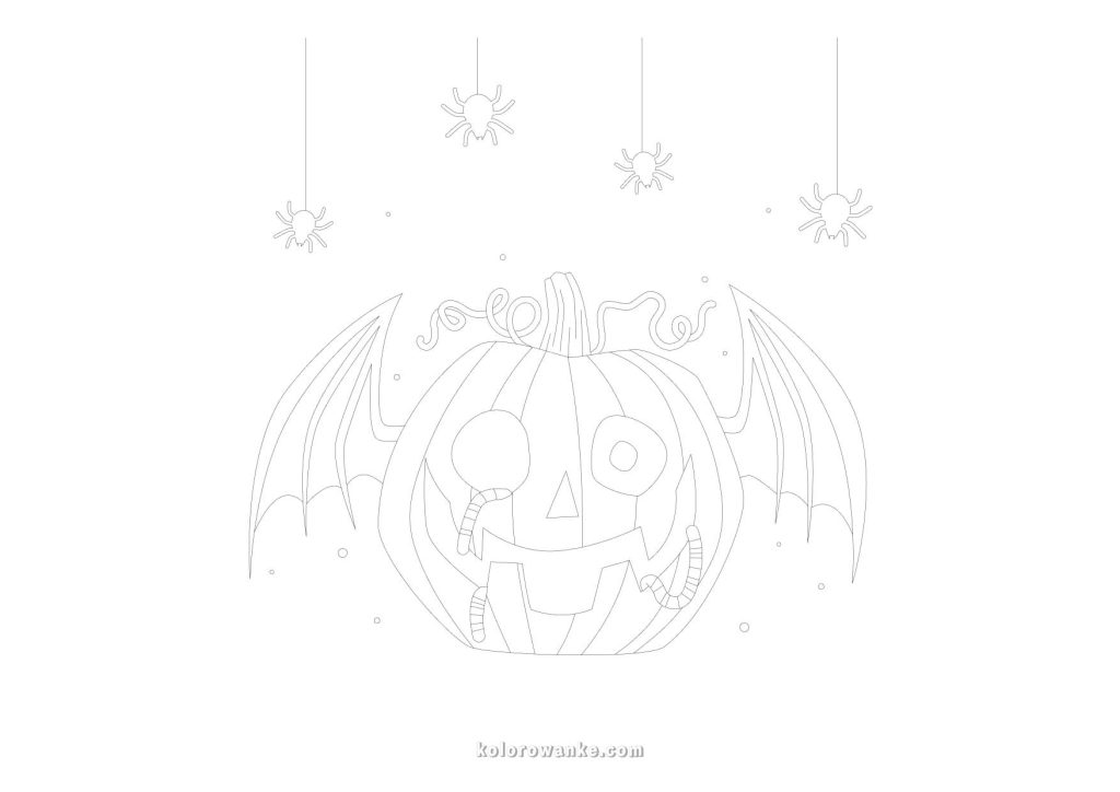 Kolorowanka Halloween – dynia ze skrzydłami i pająkami, darmowa kolorowanka do druku