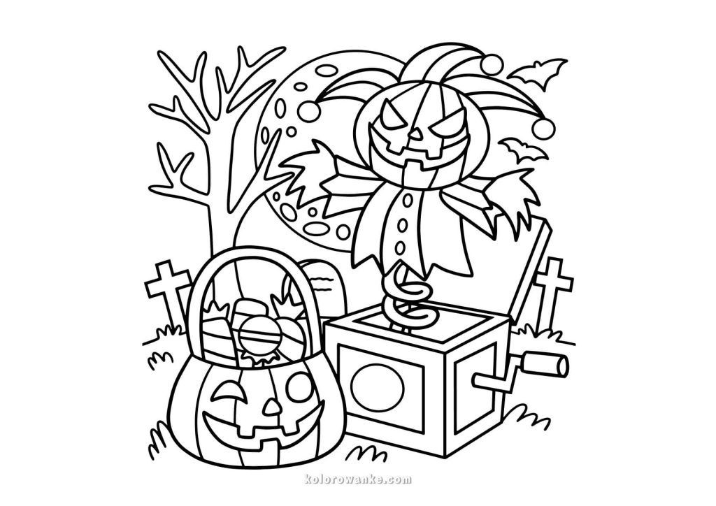 Kolorowanka Halloween – dyniowy klaun z pudełka niespodzianki ze słodyczami, darmowa kolorowanka do druku
