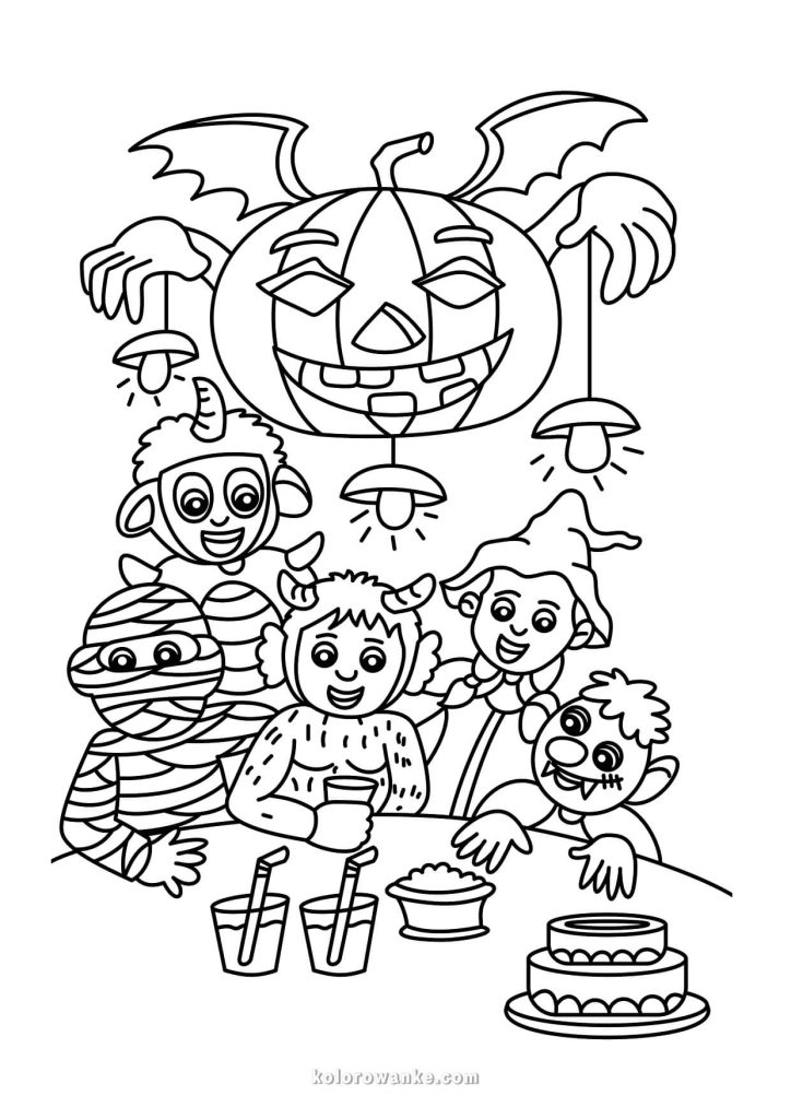 Kolorowanka Halloween – dzieci na imprezie z dynią, kostiumami i tortem, bezpłatna kolorowanka do wydruku