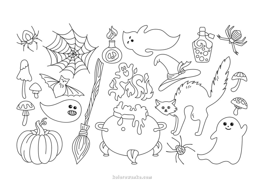 Kolorowanka Halloween – eliksir, pająki, kociołek i koty, darmowa kolorowanka dla dzieci i dorosłych