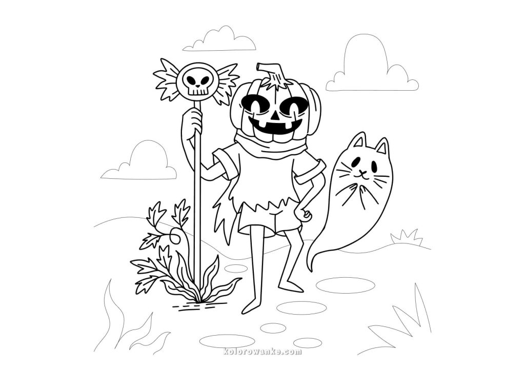 Kolorowanka Halloween – głowa dyni z magiczną różdżką i duchem, darmowa kolorowanka do druku