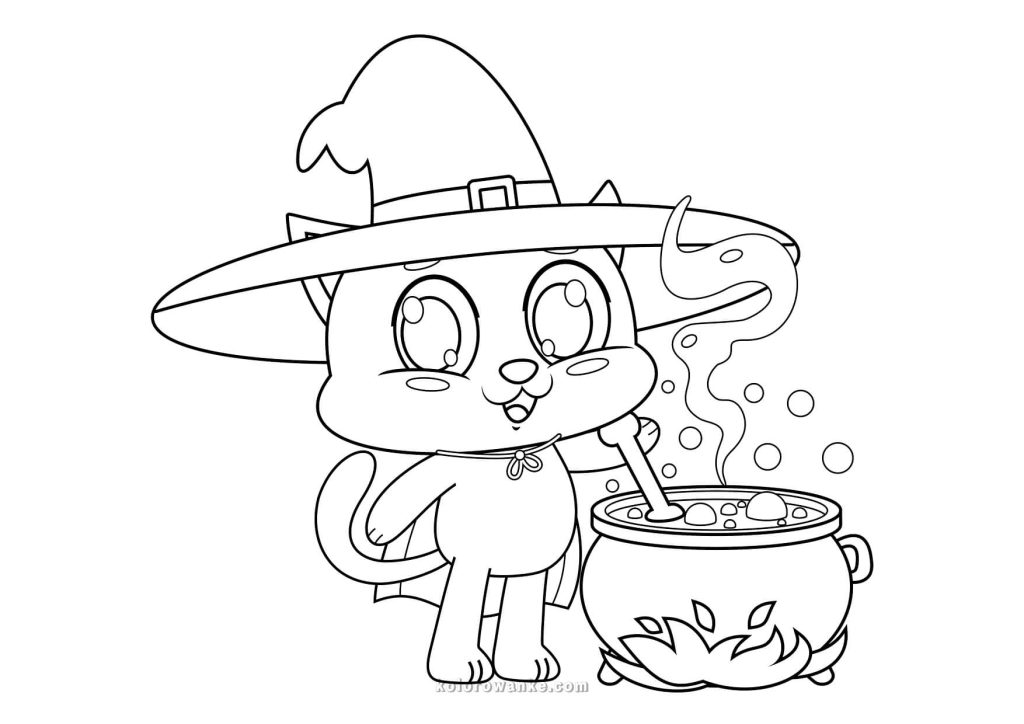 Kolorowanka Halloween – kot jako czarownica z magicznym eliksirem w kotle, darmowa kolorowanka do druku