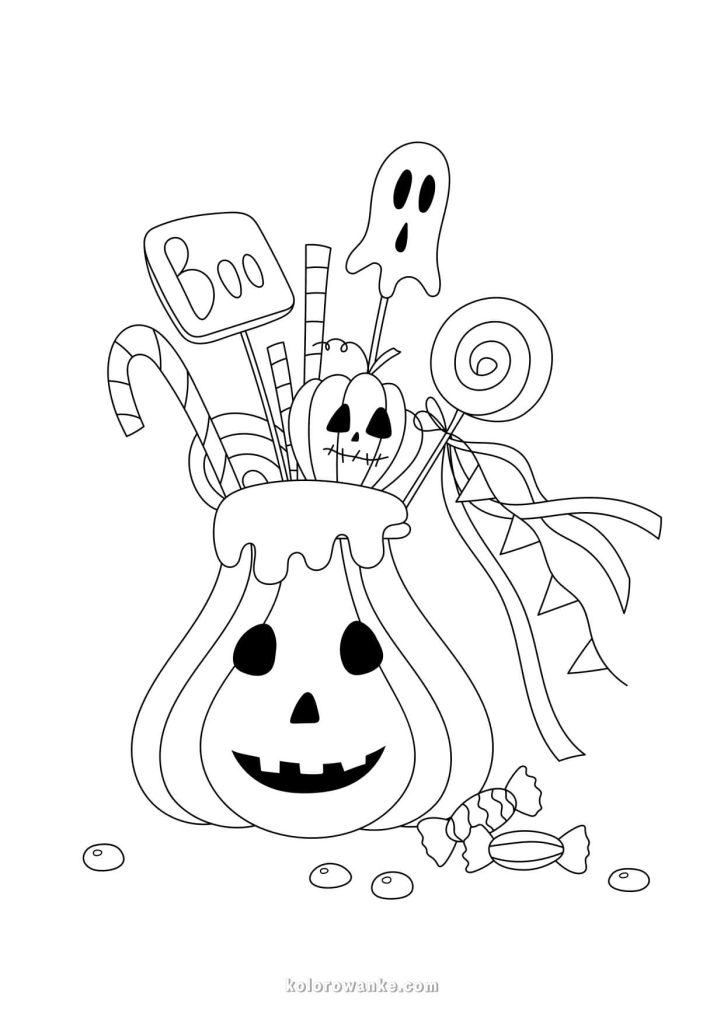 Kolorowanka Halloween – kubek w kształcie dyni ze słodyczami i duchami, darmowa kolorowanka do druku