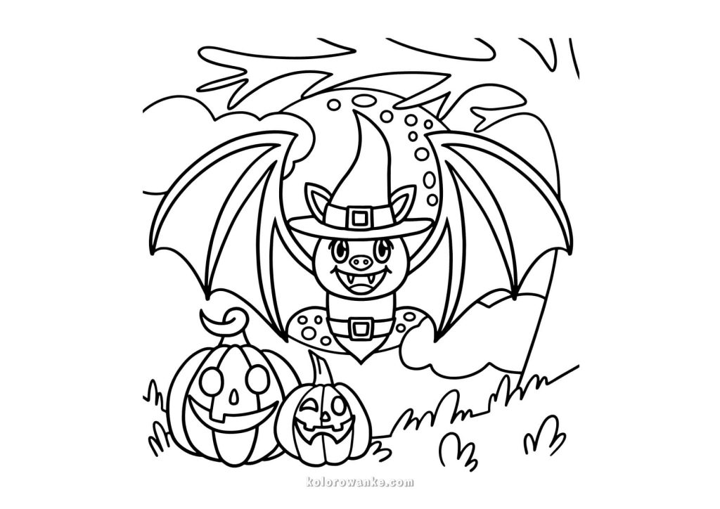 Kolorowanka Halloween – nietoperz w kapeluszu czarownicy pośród dyń, darmowa kolorowanka do druku