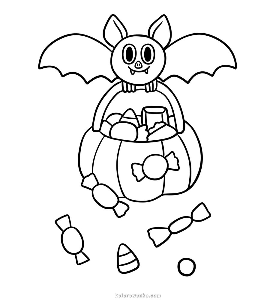 Kolorowanka Halloween – nietoperz z cukierkami w dyniowym koszyku, darmowa kolorowanka do wydruku