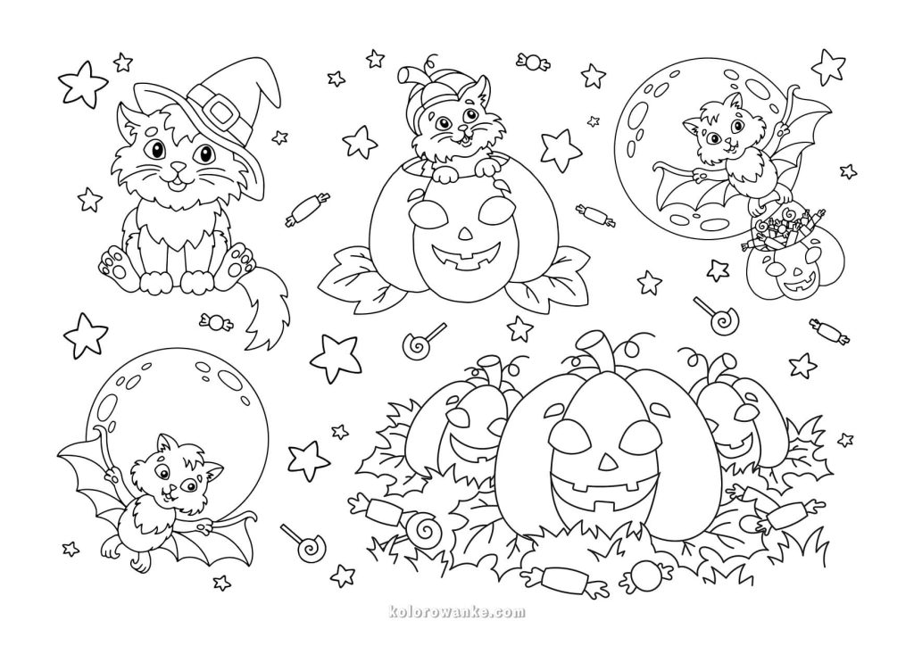 Kolorowanka Halloween – słodkie kotki i dynie przy pełni księżyca, darmowa kolorowanka do druku