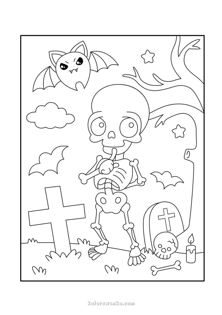 Kolorowanka Halloween – zabawny szkielet na cmentarzu z nietoperzami, darmowa kolorowanka do wydruku