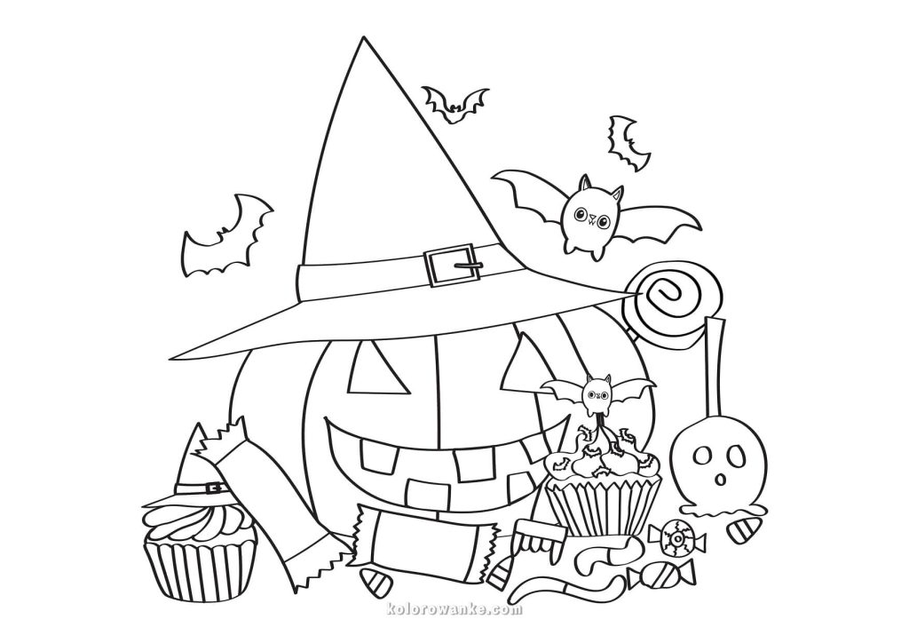 Kolorowanka dynia na Halloween – duża dynia w kapeluszu czarownicy ze słodyczami, darmowa kolorowanka do druku