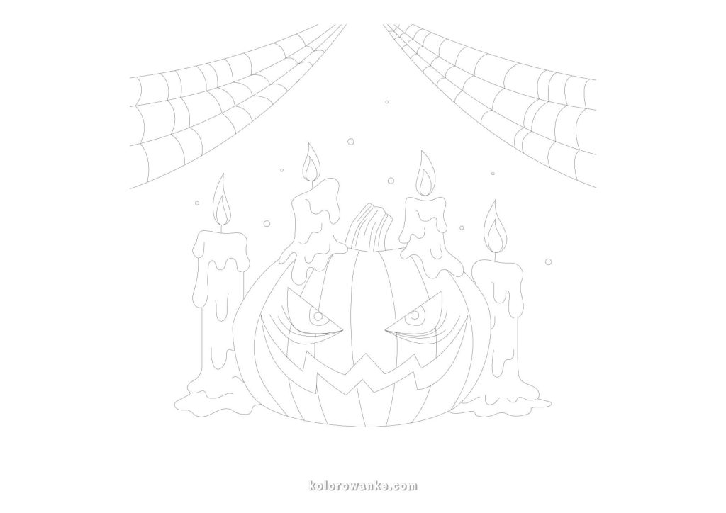 Kolorowanka dynia na Halloween – świecąca dynia ze świeczkami i pajęczyną, darmowa kolorowanka do druku