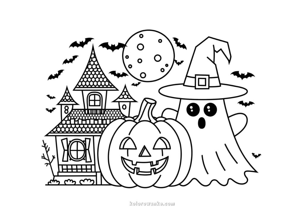 Kolorowanka na Halloween – duch, dynia i nawiedzone domy z nietoperzami, darmowa kolorowanka do druku