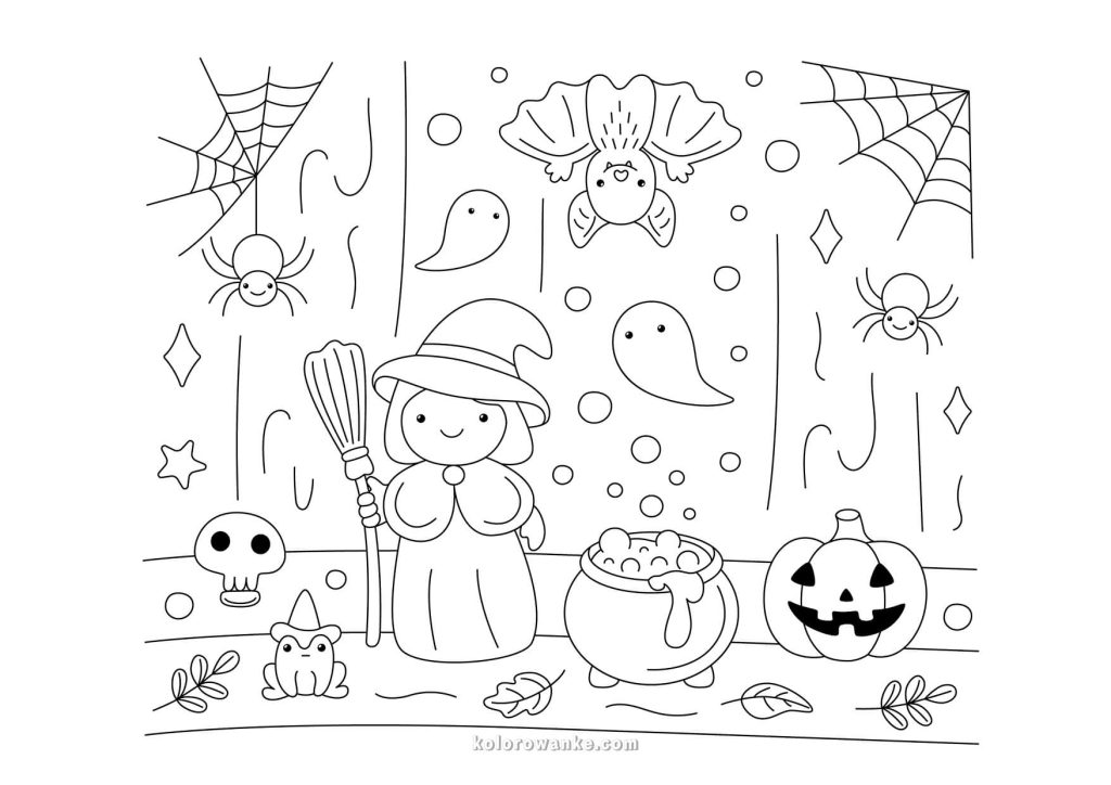 Kolorowanka na Halloween – mała czarownica z różdżką, duchami i dynią, darmowa kolorowanka do wydruku