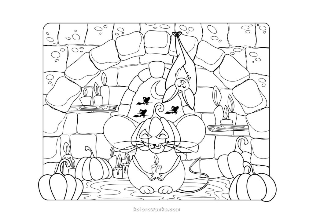 Kolorowanka na Halloween – myszka z twarzą dyni i nietoperzem w jaskini, darmowa kolorowanka dla dzieci