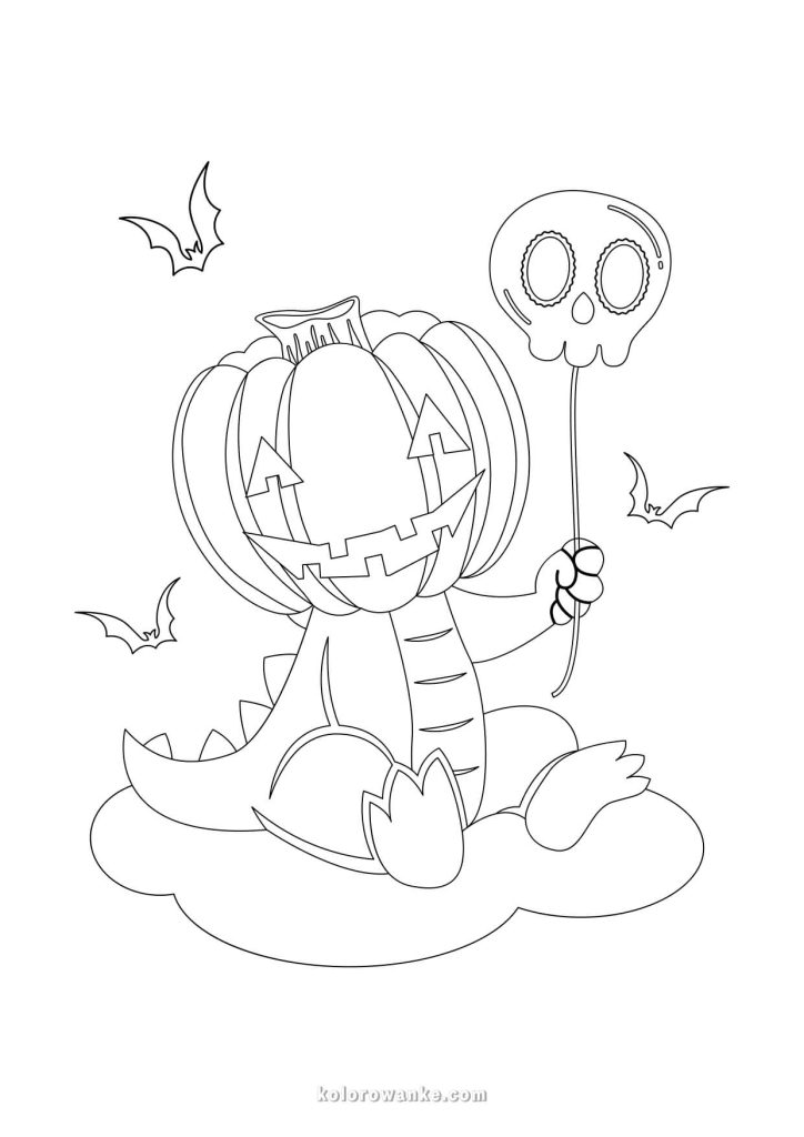 Kolorowanka na Halloween – smok z głową dyni i balonem czaszką, darmowa kolorowanka do druku
