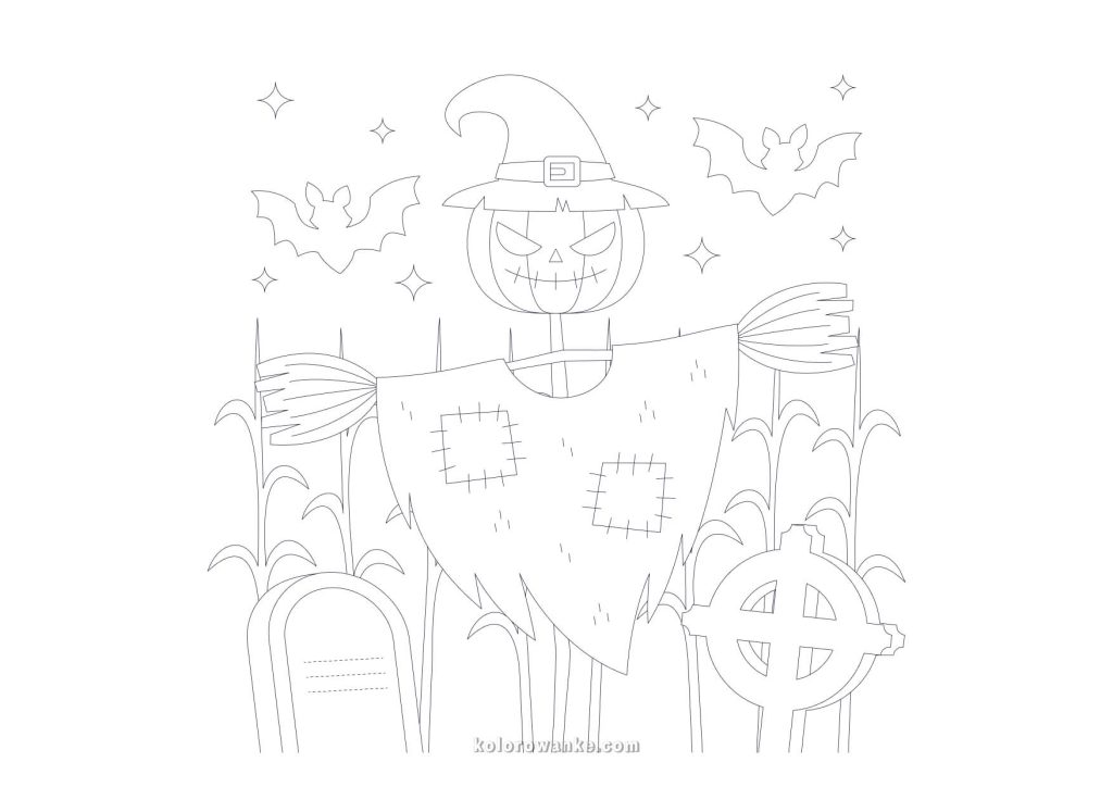 Kolorowanka na Halloween – strach na wróble z głową dyni i nietoperzami, darmowa kolorowanka do druku