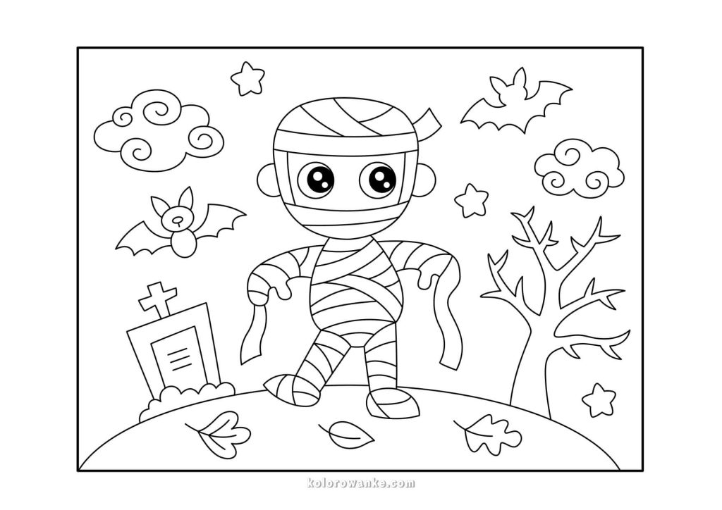 Kolorowanka na Halloween – urocza mumia na cmentarzu z nietoperzami i gwiazdami, darmowa kolorowanka dla dzieci