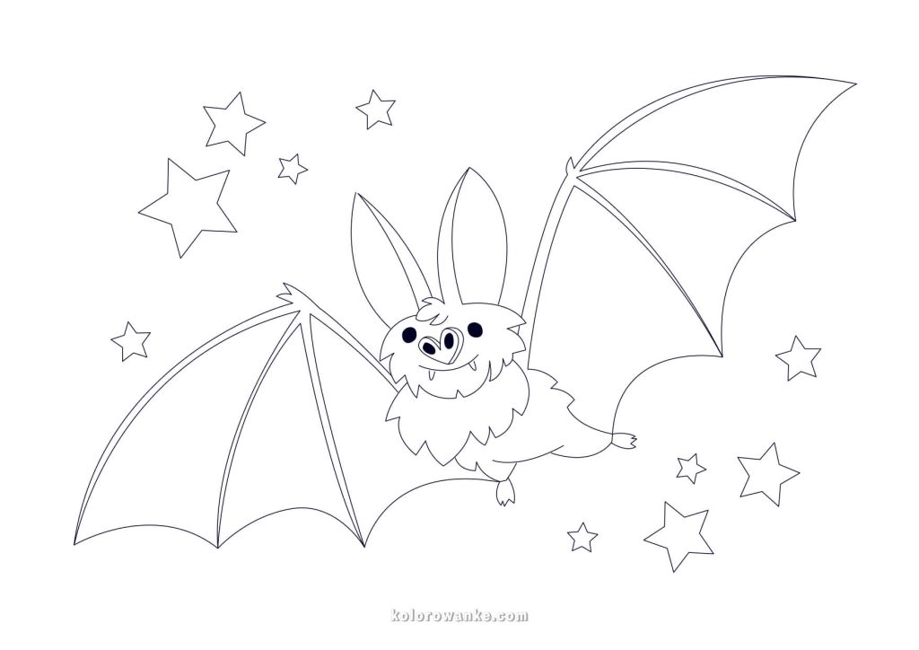 Kolorowanka na Halloween – uroczy nietoperz wśród gwiazd, darmowa kolorowanka dla dzieci
